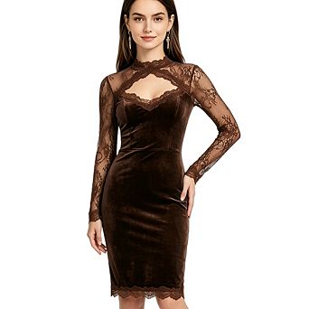 Women's Vintage Velvet with Keyhole Neck Lace Sleeves Elegant Bodycon Party Mini Dress