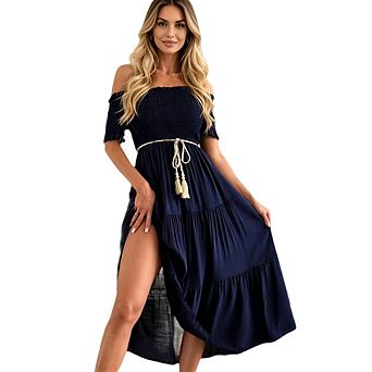 Women Off Shoulder Puff Sleeve Pleated Ruffle Elegant Trendy Casual Midi Dress