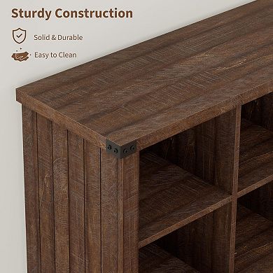 8-Cube Low Farmhouse Bookshelf 62" Horizontal Wood Storage Organizer, Freestanding Bookcase