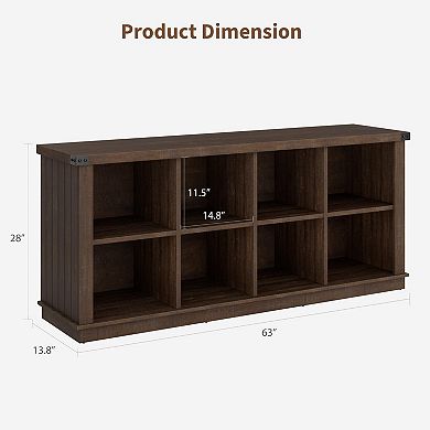 8-Cube Low Farmhouse Bookshelf 62" Horizontal Wood Storage Organizer, Freestanding Bookcase