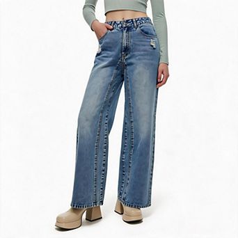 Womens Wide Leg Jeans High Waist Distressed Pocket Full Length Pants Casual Denim Trousers