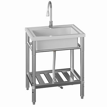 Freestanding Stainless Steel Single Bowl Sink with Faucet and Shelf