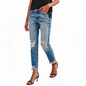 Womens Jeans Straight Leg Ripped Jeans Mid Rise Ankle Pants Casual Denim Trousers