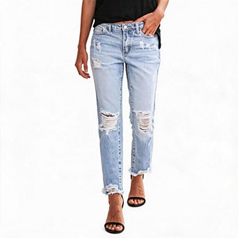 Womens Jeans Straight Leg Ripped Jeans Mid Rise Ankle Pants Casual Denim Trousers