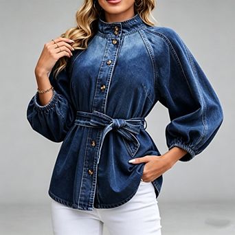 Women's Stand Collar Belted Denim Shirt, Puff 3/4 Sleeve Waist Cinched Button Down Casual Tunic Top
