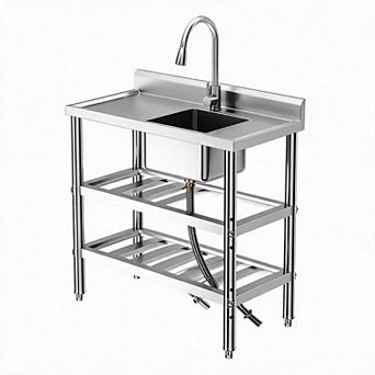 Freestanding Double Bowl Stainless Steel Commercial Sink with Faucet Shelves