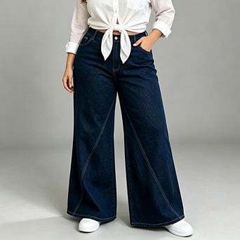 Plus Size Women's High Waist Wide Leg Jeans, Elastic Back Waist Full Length Casual Denim Pants