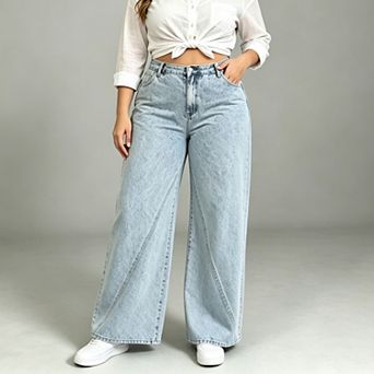 Plus Size Women's High Waist Wide Leg Jeans, Elastic Back Waist Full Length Casual Denim Pants