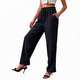 Womens Ribbed Wide Leg Pants Elastic Drawstring High Waist Lightweight Summer Trousers with Pocket