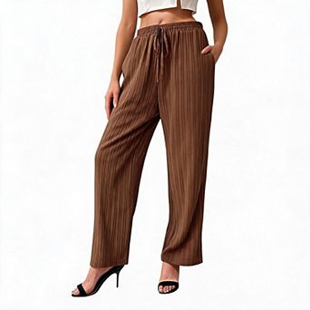 Womens Ribbed Wide Leg Pants Elastic Drawstring High Waist Lightweight Summer Trousers with Pocket