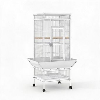 60 Inch White Wrought Iron Bird Cage Playtop Design with Lockable Wheels