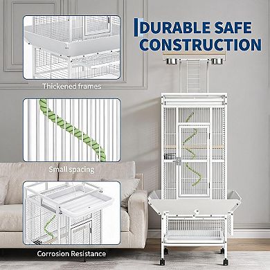 60 Inch White Wrought Iron Bird Cage Playtop Design with Lockable Wheels