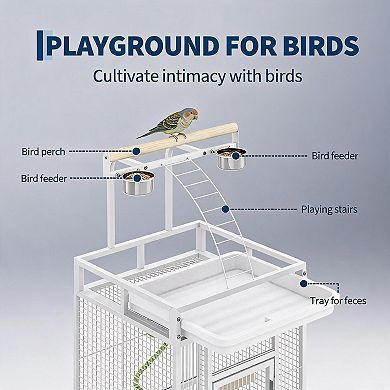 60 Inch White Wrought Iron Bird Cage Playtop Design with Lockable Wheels
