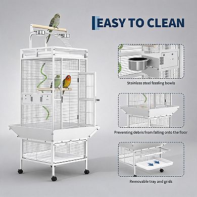 60 Inch White Wrought Iron Bird Cage Playtop Design with Lockable Wheels