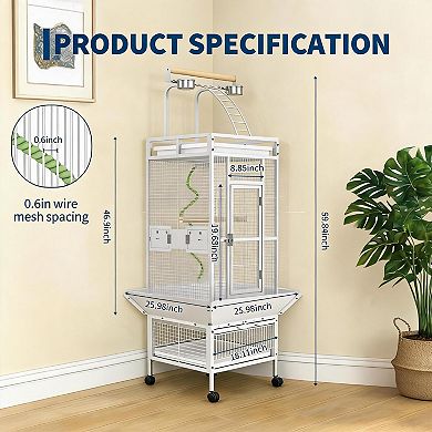 60 Inch White Wrought Iron Bird Cage Playtop Design with Lockable Wheels