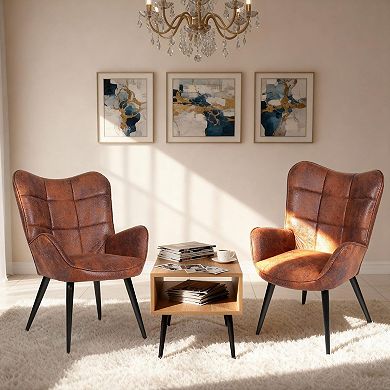 Brown Mid Century Modern Dining Chair Linen Suede Upholstery Wood Frame