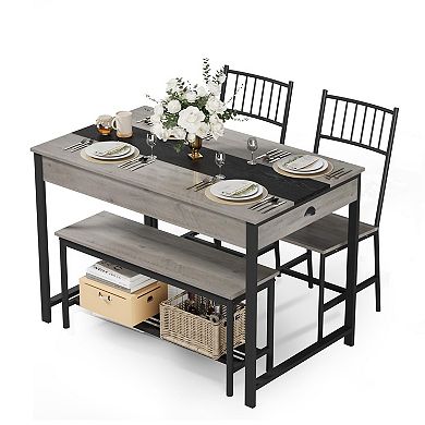 4-Piece Dining Table Set for 4 Rectangular Farmhouse Table with Storage Drawers & Rack