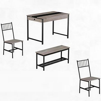 4 pc Dining Table Set for 4 Rectangular Farmhouse Table with Storage Drawers & Rack