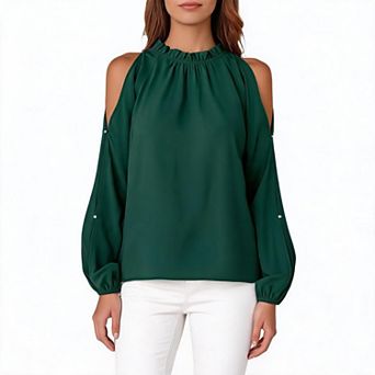 Women's Cold Shoulder Long Sleeve Halter Tops Dressy Casual Ruffle Neck Fashion Shirt Blouse