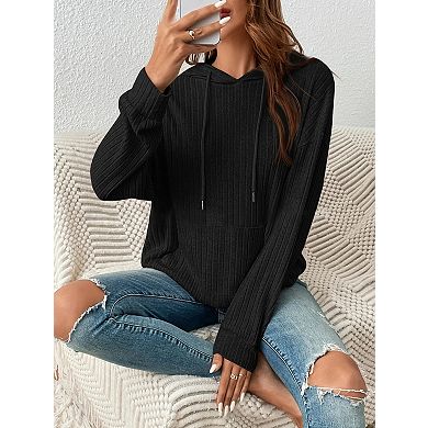 Women Oversized Hoodies Casual Long Sleeve Ribbed Knit Drawstring Pullover Sweatshirts with Pocket
