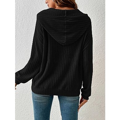 Women Oversized Hoodies Casual Long Sleeve Ribbed Knit Drawstring Pullover Sweatshirts with Pocket