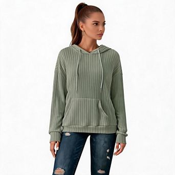 Women Oversized Hoodies Casual Long Sleeve Ribbed Knit Drawstring Pullover Sweatshirts with Pocket