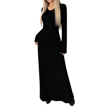 Women Trendy V Neck A Line Long Sleeve Slim Fit Casual Solid Color Maxi Dress