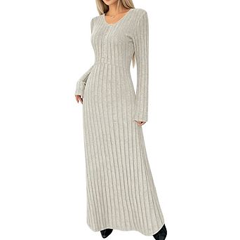 Women Trendy V Neck A Line Long Sleeve Slim Fit Casual Solid Color Maxi Dress