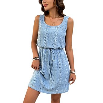 Womens Sundress Beach Vacation Knit Casual Sleeveless Belted Short Mini Dresses