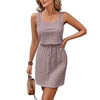 Womens Sundress Beach Vacation Knit Casual Sleeveless Belted Short Mini Dresses