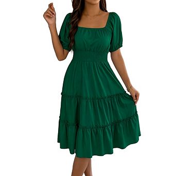Womens Vintage Square Neck Flowy Short Puff Sleeve Layered Tiered Ruffle A-line Swing Midi Dresss