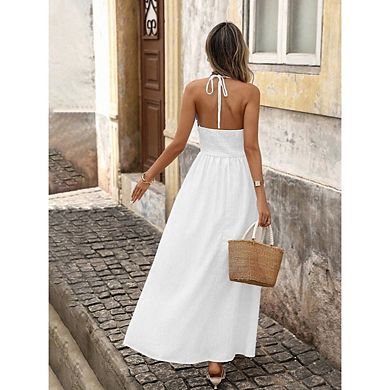 Women's Halter Spaghetti Strap V Neck Backless Boho Flowy Beach Maxi Dress