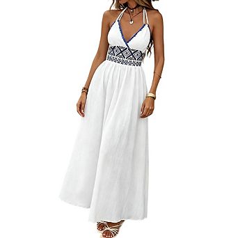 Women's Halter Spaghetti Strap V Neck Backless Boho Flowy Beach Maxi Dress