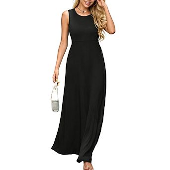 Women Casual Sleeveless Crewneck Aline Flowy Beach Vacation Long Sundress