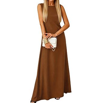Women Casual Sleeveless Crewneck Aline Flowy Beach Vacation Long Sundress