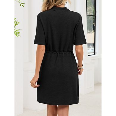 Women's Knit Short Sleeve V Neck Casual Spread Collared Mini Dress