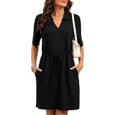 Women's Knit Short Sleeve V Neck Casual Spread Collared Mini Dress