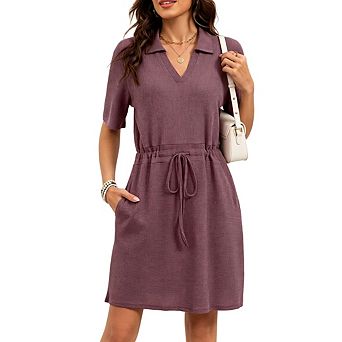 Women's Knit Short Sleeve V Neck Casual Spread Collared Mini Dress