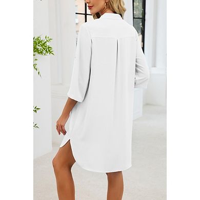 Women’s Button Down Half Sleeve Casual Loose Fit Solid Color Shirt Dress