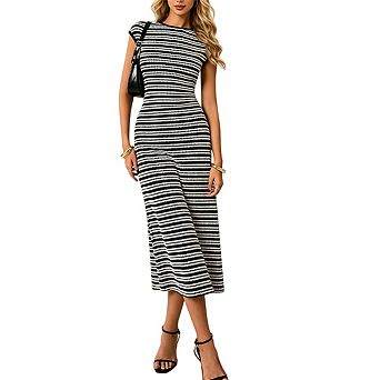 Women's Striped Casual Work Cap Sleeve Crewneck Bodycon Knit Midi Dress
