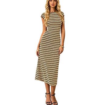 Women's Striped Casual Work Cap Sleeve Crewneck Bodycon Knit Midi Dress