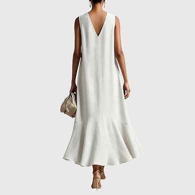 Women's Boho Maxi Dress V Neck Sleeveless Ruffle Flowy Loose Long Dresses