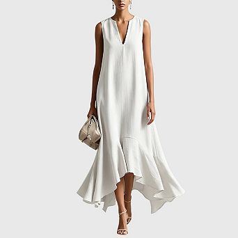 Women's Boho Maxi Dress V Neck Sleeveless Ruffle Flowy Loose Long Dresses
