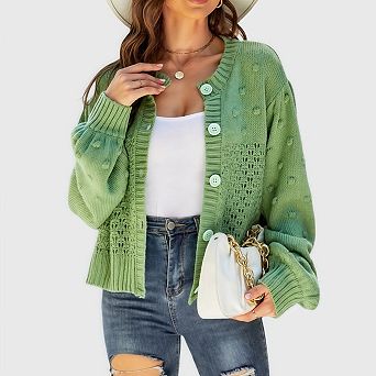 Women's Open Front Cropped Sweater Long Sleeve Button Loose Short Cardigan Outerwear Coats