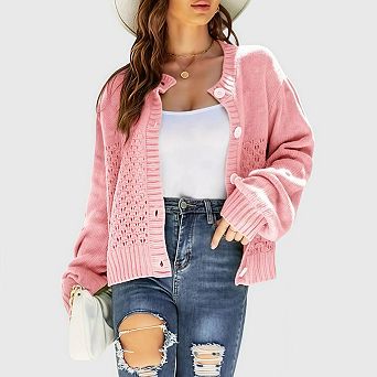 Women's Open Front Cropped Sweater Long Sleeve Button Loose Short Cardigan Outerwear Coats