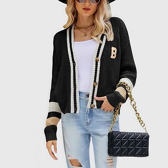 Women's Open Front Cropped Sweater Long Sleeve Button Loose Short Cardigan Outerwear Coats