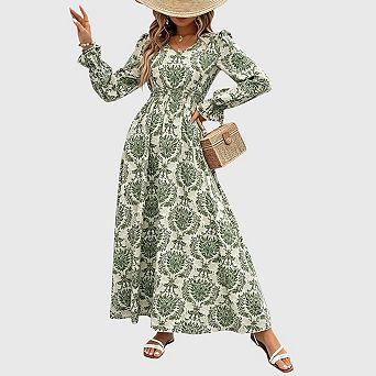Women's Fall Long Sleeve Boho Floral Maxi Dress V Neck Empire Waist A Line Dress