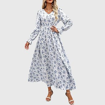 Women's Fall Long Sleeve Boho Floral Maxi Dress V Neck Empire Waist A Line Dress