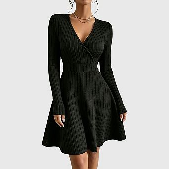 Womens Fall Casual Sweater Dress Wrap V Neck Long Sleeve Baby Doll Fashion Dresses