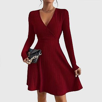 Womens Fall Casual Sweater Dress Wrap V Neck Long Sleeve Baby Doll Fashion Dresses